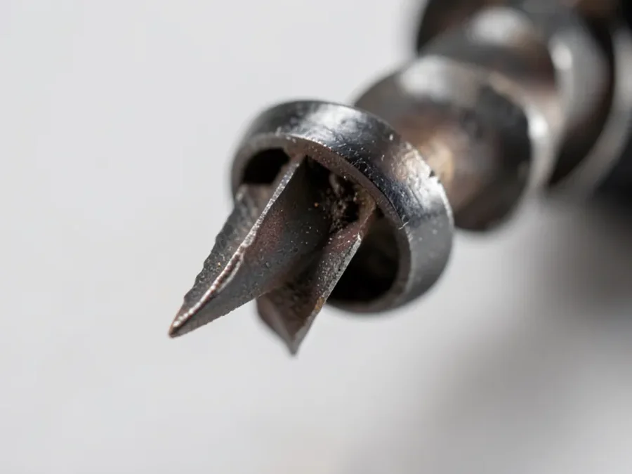 Auger bit tip showing spurs and cutting lips