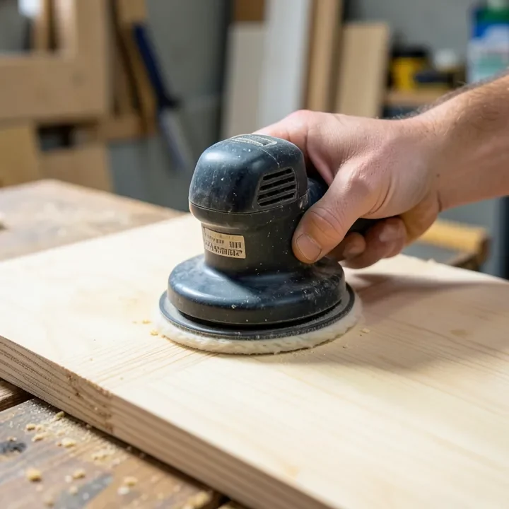 Sanding plywood with the grain to prepare the veneer surface before texturing