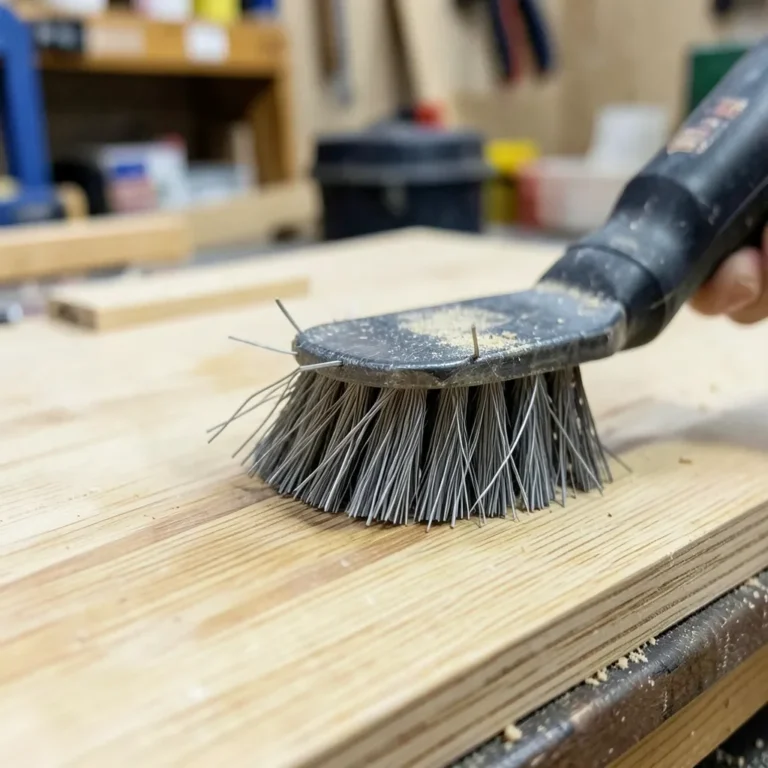 Wire brush raising a wood-grain texture along a plywood board