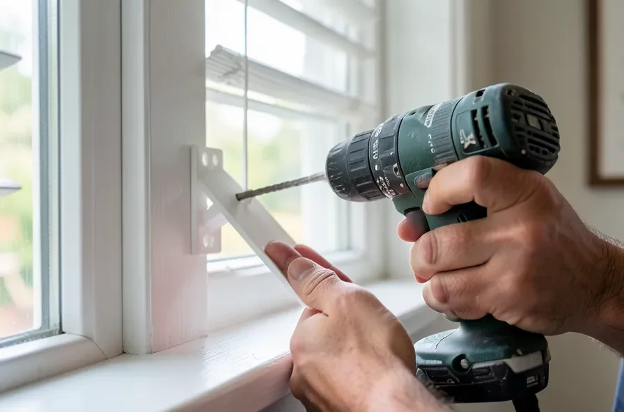 Attaching a mounting bracket for faux wood blinds to a window frame with a cordless drill