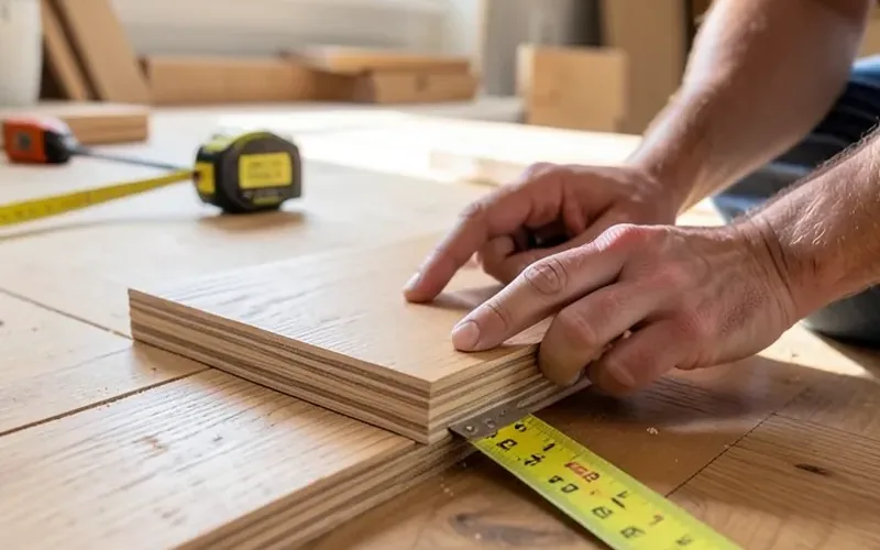 carpenter measuring a fresh oak flooring plank before installation carpenter measuring a fresh oak flooring plank before installation