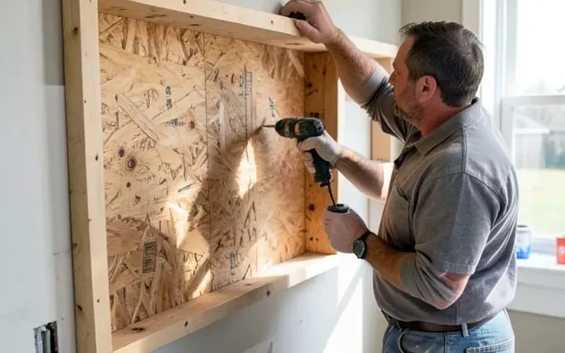 Carpenter installing a plywood cabinet box onto a kitchen wall with a drill
