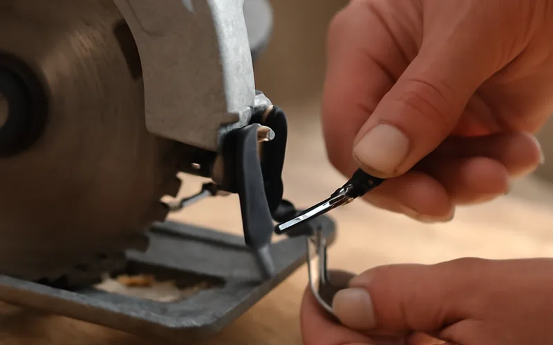 attaching a replacement rafter hook to a circular saw handle with a screwdriver attaching a replacement rafter hook to a circular saw handle with a screwdriver