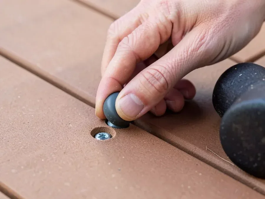 Installer pressing a Trex Hideaway decking plug into a countersunk screw hole with a rubber mallet nearby