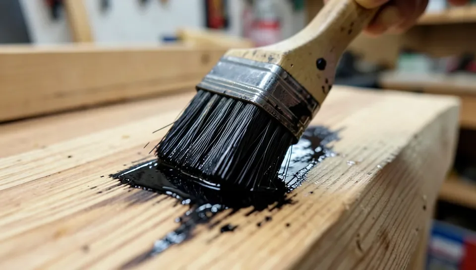 Close-up of a dark iron-acetate ebonizing solution being brushed onto raw, unfinished wood grain, turning it black