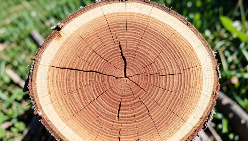 Cross-section of a freshly cut apple wood log with a radial drying crack running from the center outward