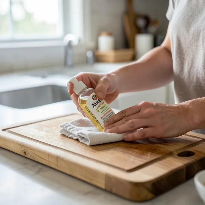 Applying food-safe mineral oil to condition a hickory cutting board