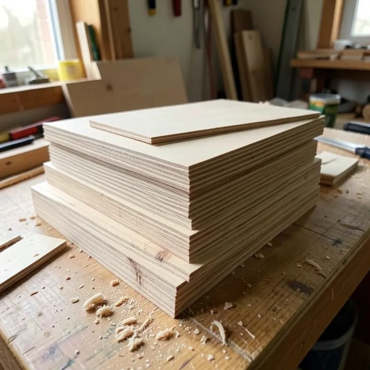 stacked plywood offcuts and scrap sheets from a woodworking project stacked plywood offcuts and scrap sheets from a woodworking project
