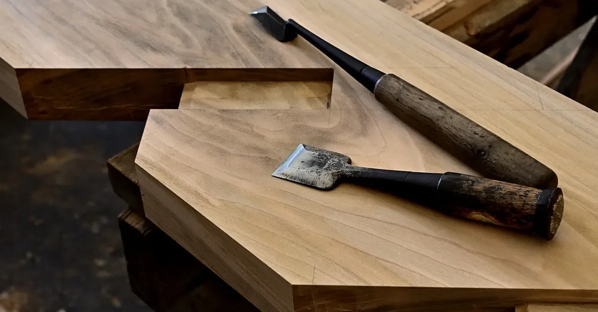 Japanese chisels resting on timber beside a stepped joint cut for a Japanese wood joint