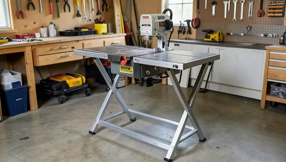 Portable jobsite table saw with folding metal stand