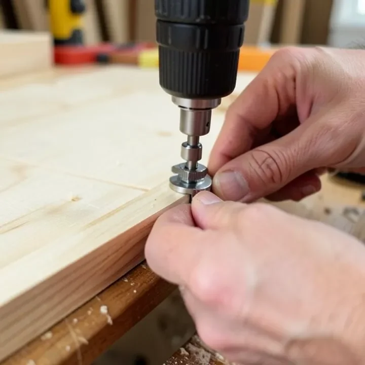 Kreg jig drill guide setup on plywood Hands adjusting a Kreg pocket-hole jig drill guide against the edge of a plywood board
