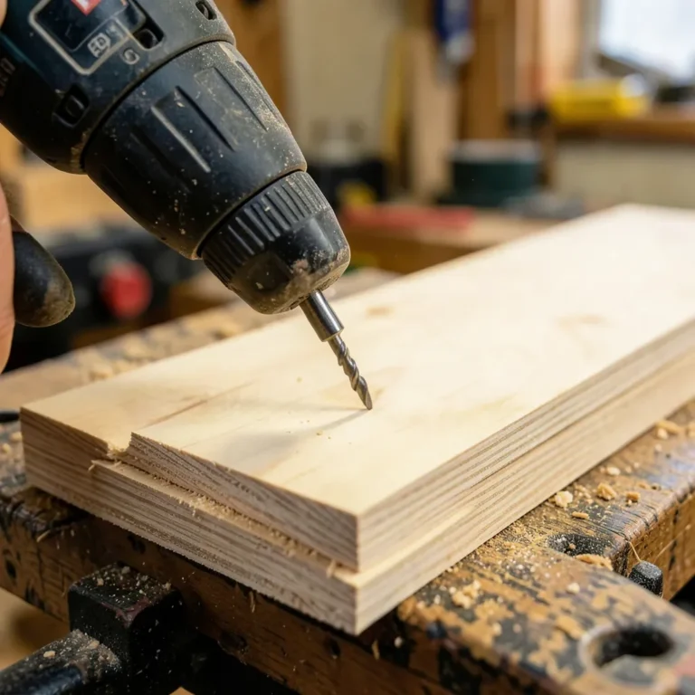 Cordless drill driving a pocket-hole screw into half-inch plywood clamped on a workbench