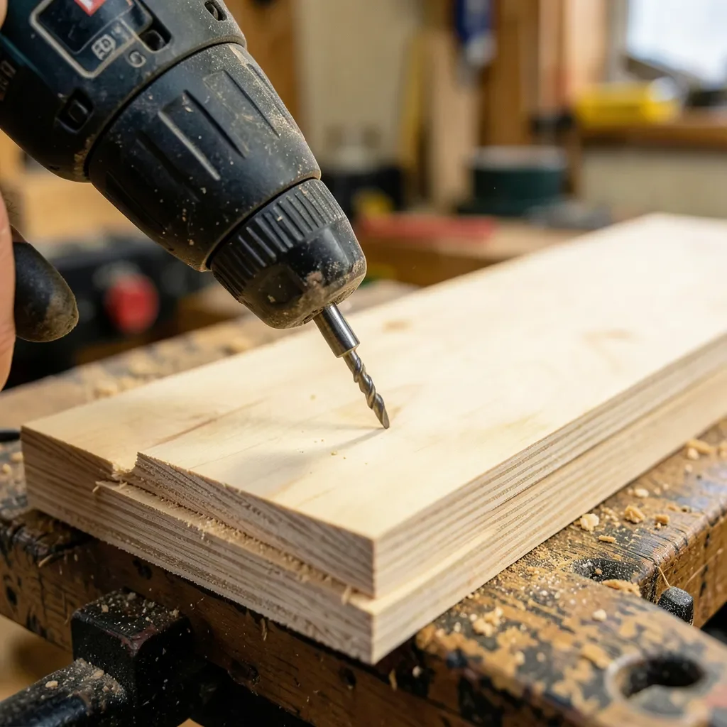 Cordless drill driving a pocket-hole screw into half-inch plywood clamped on a workbench