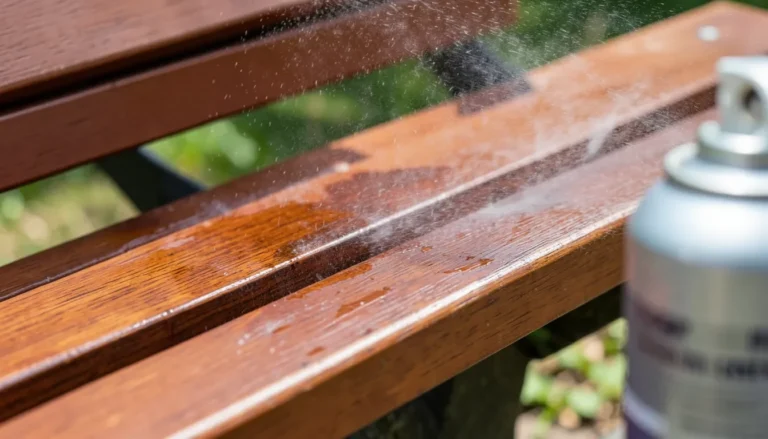 Reddish brown wood stain freshly sprayed onto an outdoor wooden bench