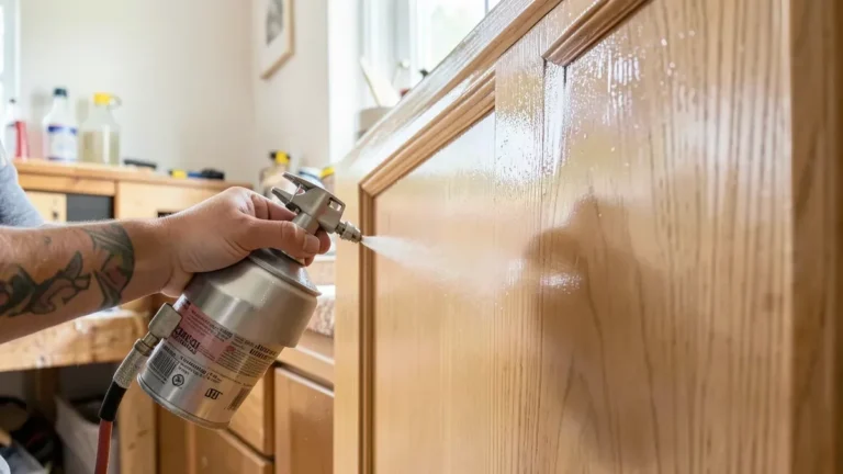 Spraying clear lacquer finish onto a wood cabinet door with an HVLP gun