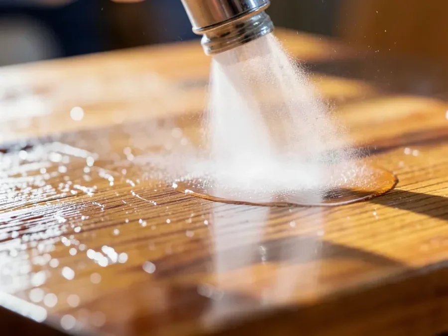 Fine mist of clear lacquer being sprayed onto a wood tabletop