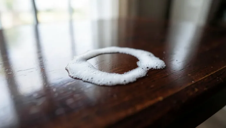 White ring water stain on a glossy dark lacquered wood tabletop