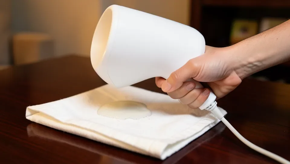 Using a hair dryer on low heat over a cloth to gently dry a water stain out of a lacquer finish