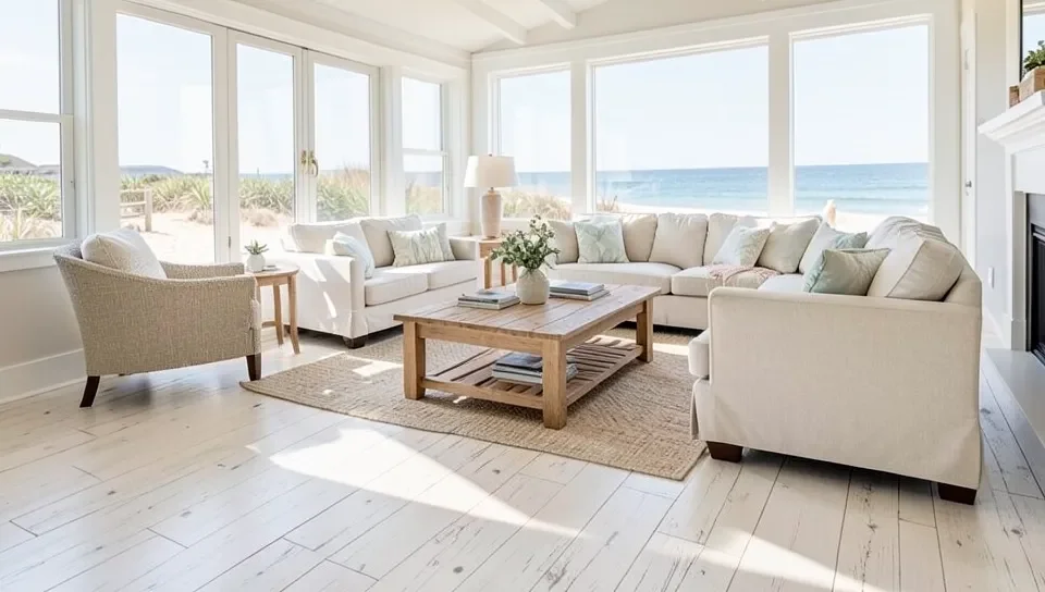 Light whitewashed oak flooring in a bright coastal-style living room