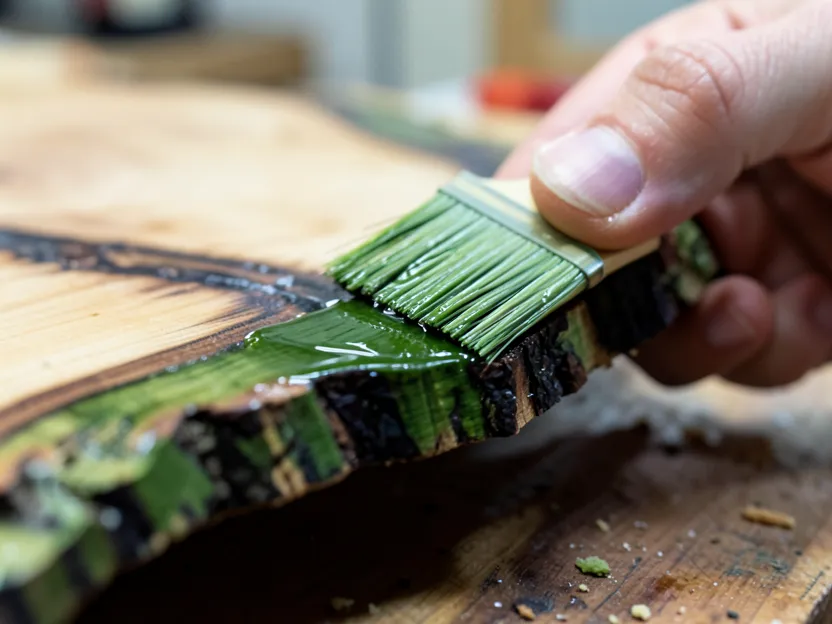 Applying green wood end sealer to the edge of a freshly debarked live edge slab