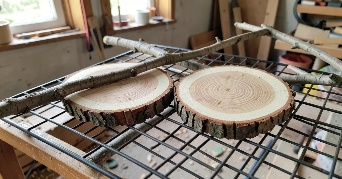 Log-slice wood coasters with bark edges drying on a wire rack