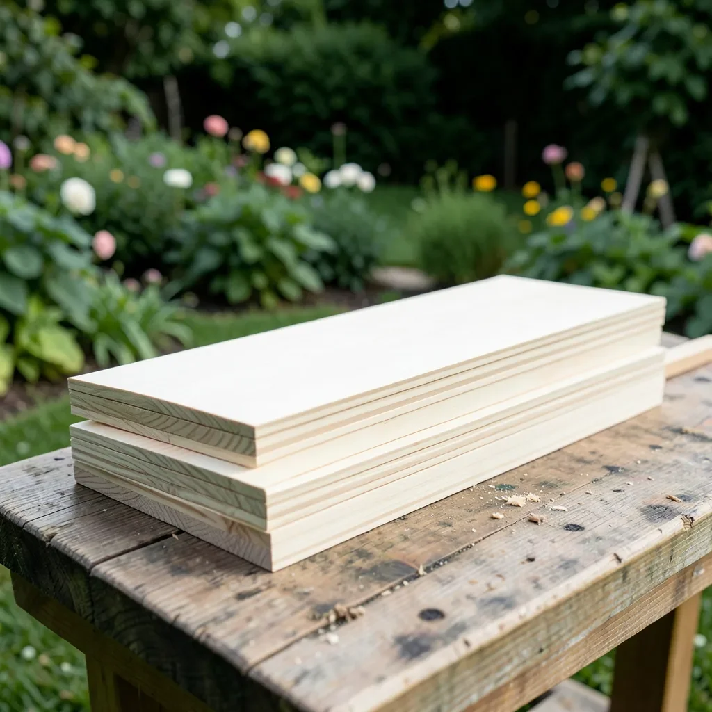 Stack of pale solid maple lumber boards on an outdoor workbench