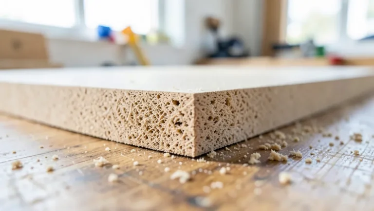 Close-up of a freshly cut MDF board edge showing the dense fibrous core and sawdust