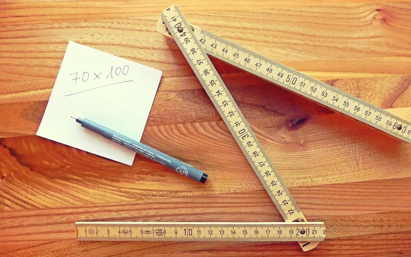 Carpenter using a tape measure to check door frame wood dimensions before cutting