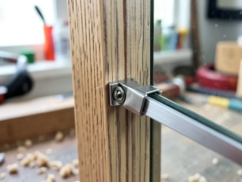 Stainless steel J-type mirror clip screwed into the inside edge of a wooden picture frame, holding a mirror in place