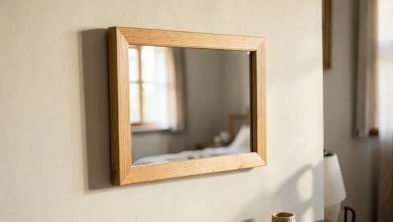 Rectangular oak wood-framed mirror hanging on a bedroom wall