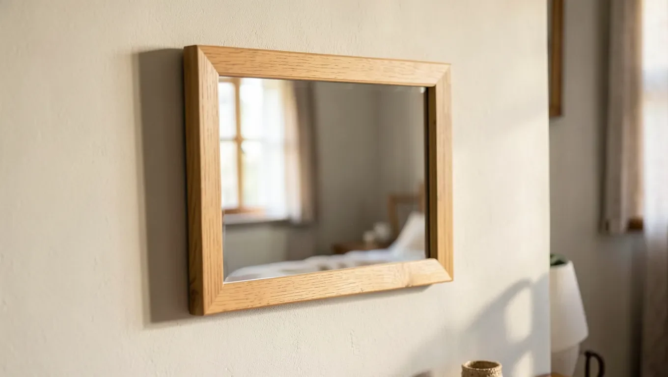 Rectangular oak wood-framed mirror hanging on a bedroom wall