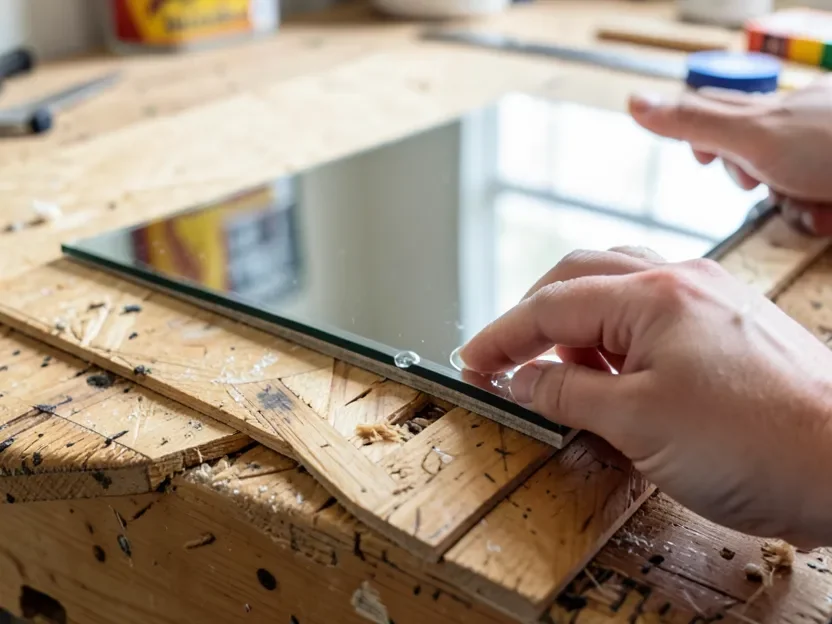 Hands applying a bead of clear silicone adhesive to the back edge of a mirror on a plywood backing board