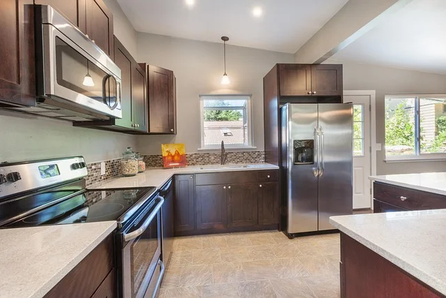 Modern kitchen with dark lacquered wood cabinets and stainless steel appliances