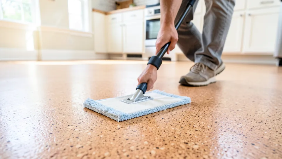 Damp mopping cork flooring in a kitchen for gentle cleaning