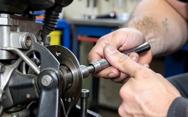 Torque wrench tightening a bolt on a mower blade spindle