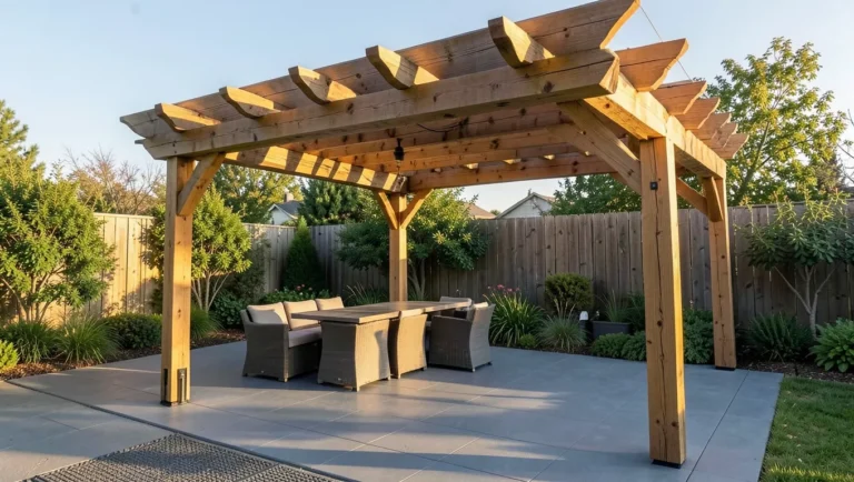 Cedar pergola with notched rafter and post joints in a backyard patio