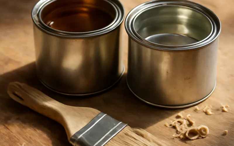 Two open cans of wood finish side by side, one amber oil-based and one clear water-based