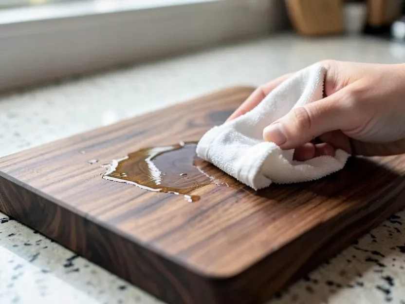 Hand applying food-safe mineral oil conditioner to a walnut wood cutting board with a cloth
