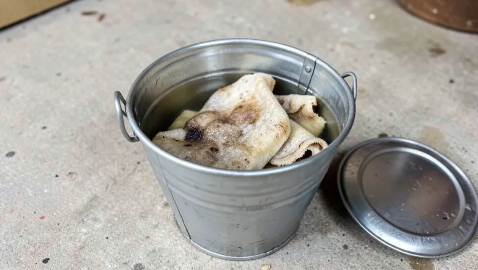 Oily rags submerged in a metal bucket filled with water with a lid nearby