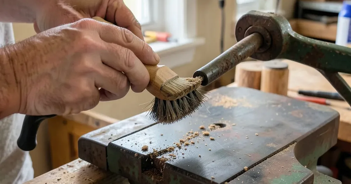 Carpenter using a wire brush to remove rust from an old radial arm saw arm