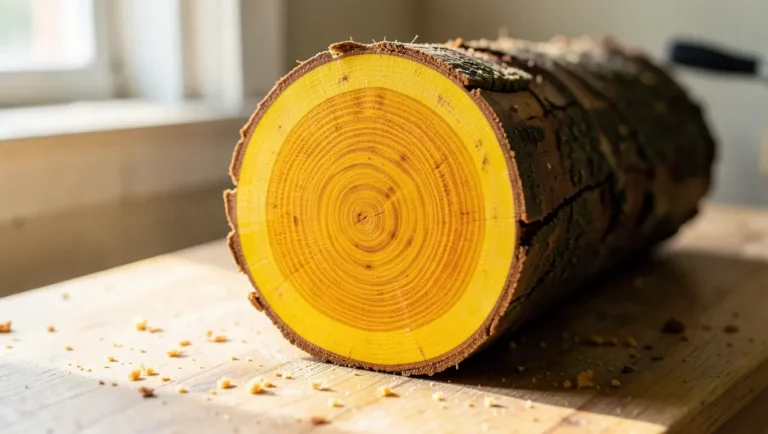 Cross-section of freshly cut Osage orange log showing bright yellow-orange heartwood