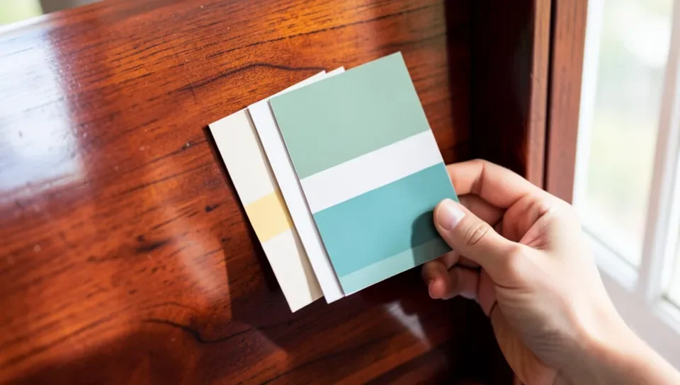 Paint color swatches held against a polished cherry wood board