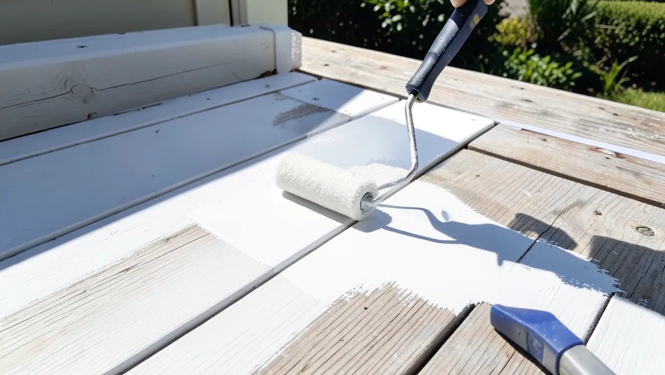 Applying white solid opaque stain to a pressure-treated deck with a roller