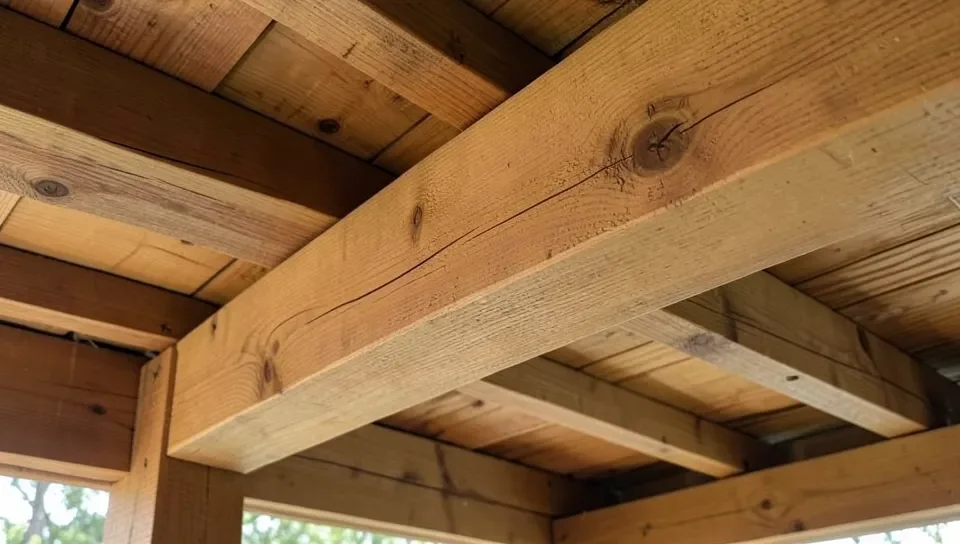 Close-up of a thick load-bearing wood beam supporting rafters on a patio cover structure