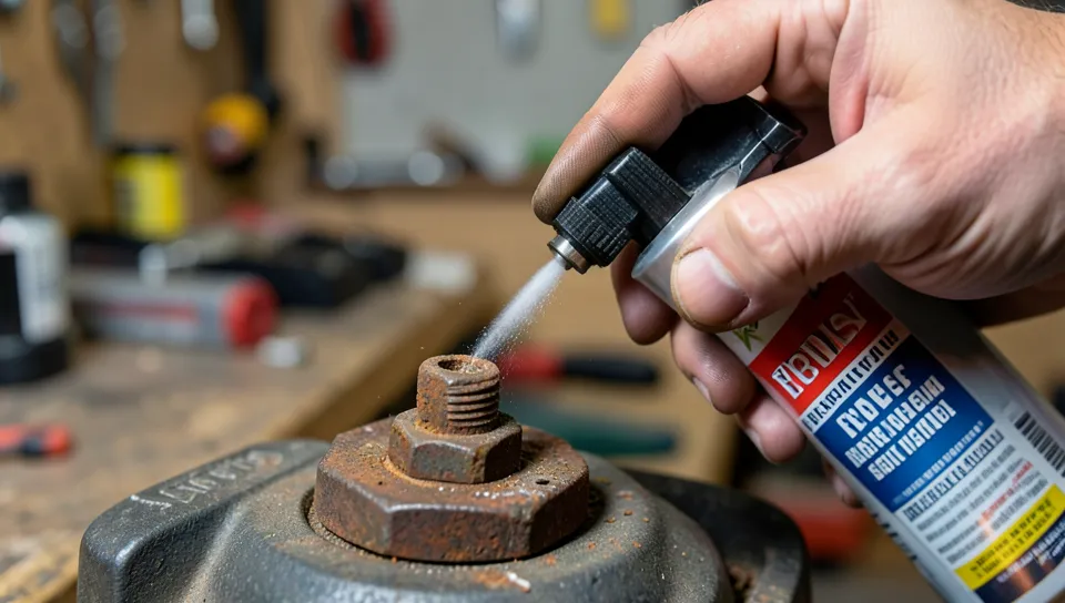 Applying penetrating oil to a stuck, rusted arbor bolt before loosening it