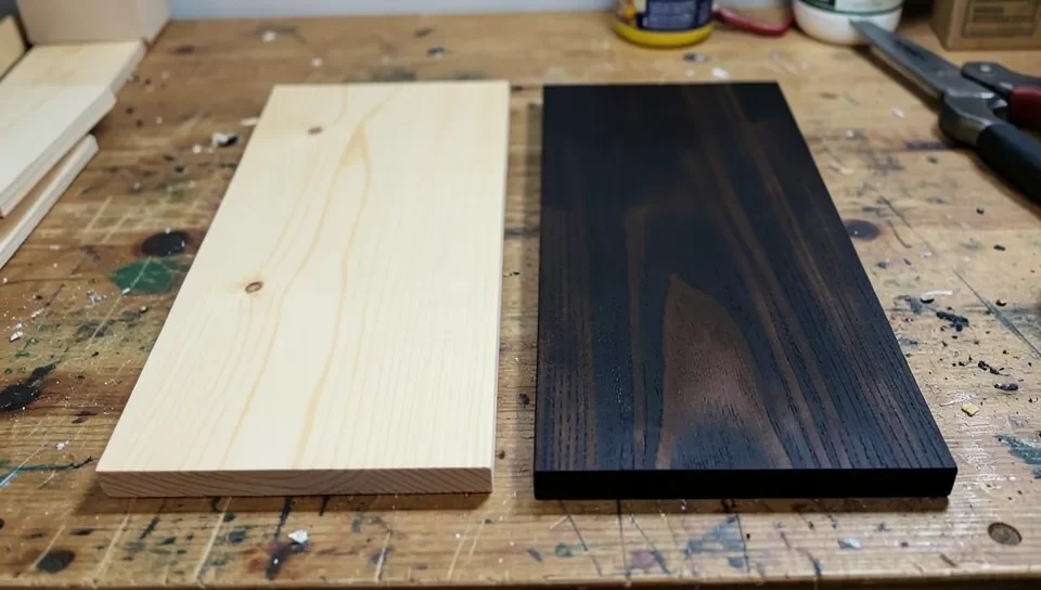 A light pine board and a dark stained board side by side on a workbench, showing how much darker the treated board looks against the untreated wood