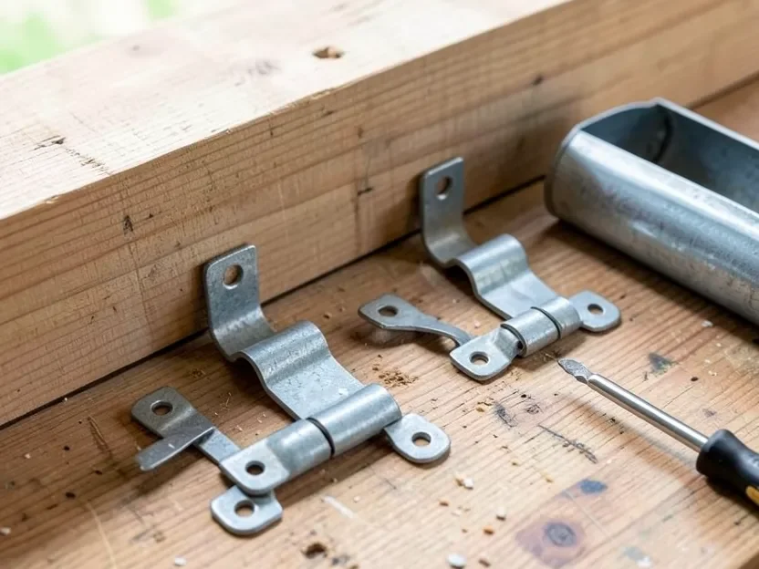 Flat U-shaped pipe strap clamps with mounting holes next to a wood beam and section of metal pipe