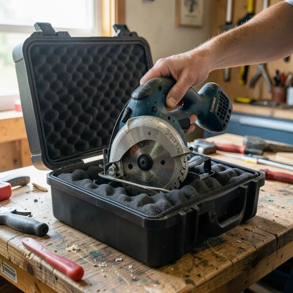 hand placing a cordless circular saw into a padded hard storage case