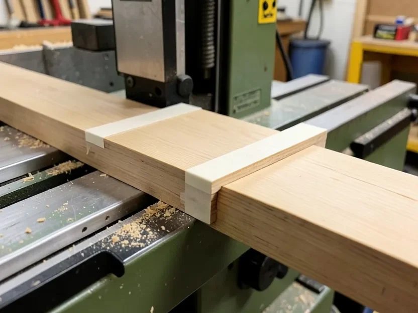 A short board taped to a shop-made planer sled with rails extending past both ends