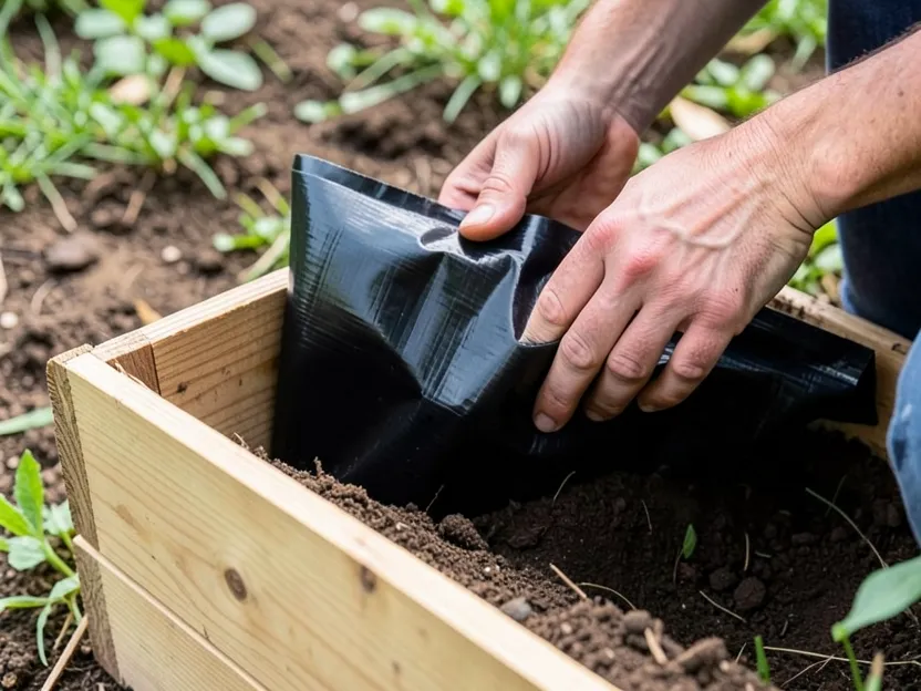 Installing a food-safe plastic liner inside a wood planter box before adding soil